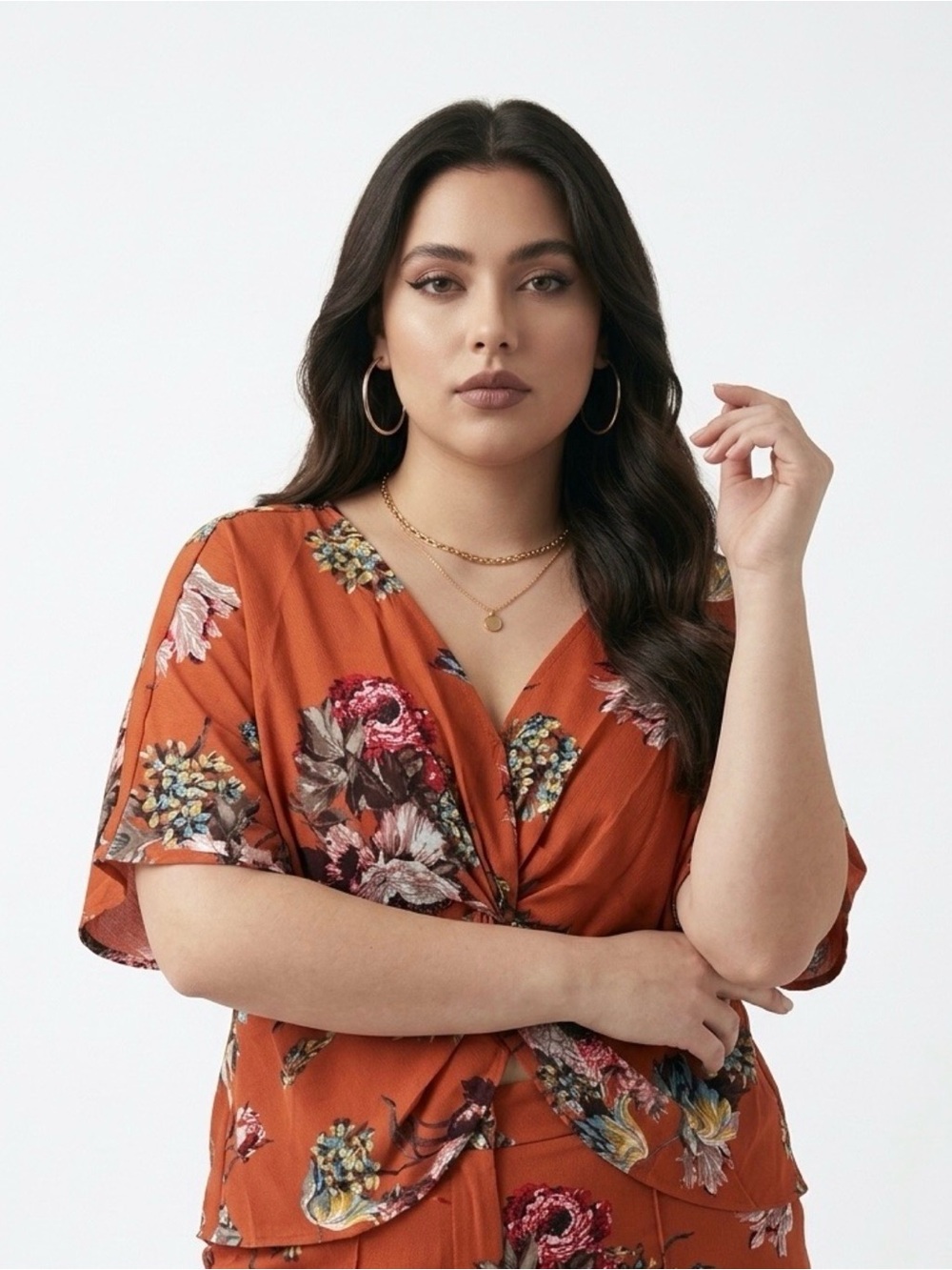 Umgee Burnt Orange Floral Twist-Front Blouse